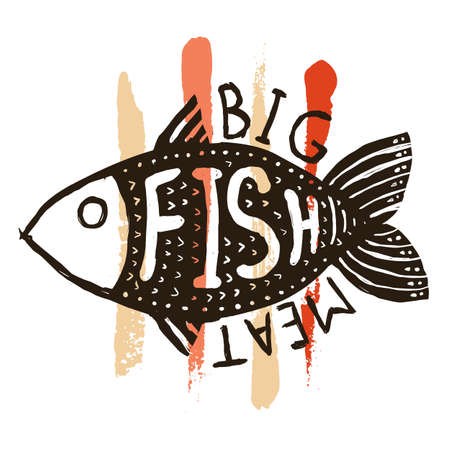 Hand drawn grunge fish. Hipster silhouette. Hand lettering. Seafood shop or restaurant design. Craft packaging template. Vector illustration.のイラスト素材
