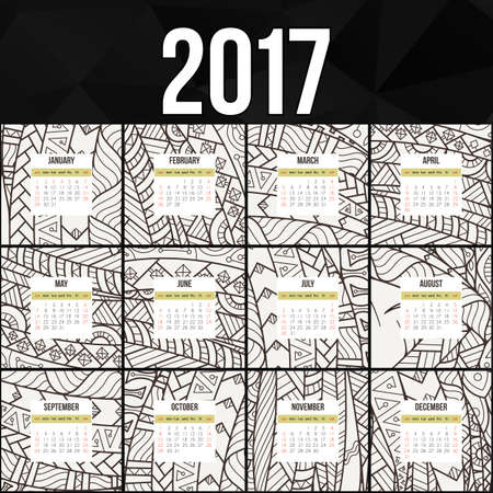 colorful calendar 2017 hand painted in the style of floral patterns and doodle. Ornate, elegant and intricate style.のイラスト素材