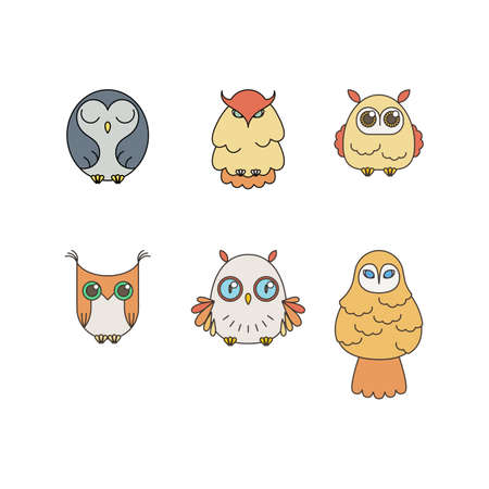 Set of lined owl logos and emblems. Vector illustration collection in line style. Furry birds.のイラスト素材