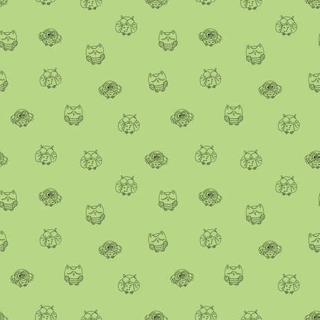 Seamless Pattern with Furry Doodle Owls. Endless Vector Ornament.のイラスト素材