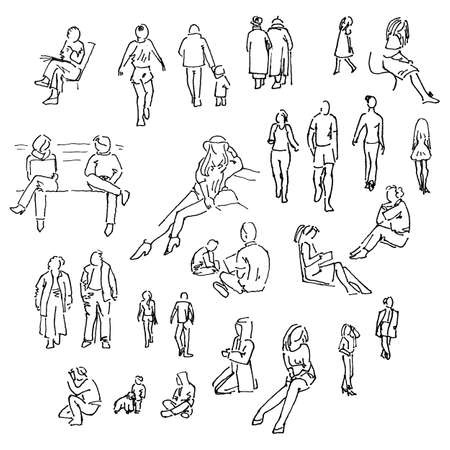 Set of doodle lined people. Vector trace collection.のイラスト素材