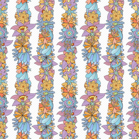 Doodle seamless pattern with various doodle flowers, leaves and branches. Simple floral ornament.のイラスト素材