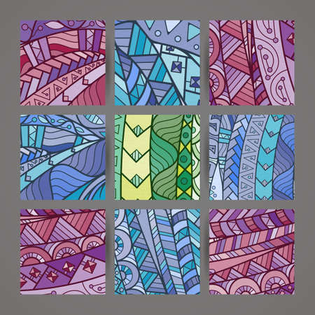 Set of four vector colorful intricate patterns. Doodle. Ornate ornaments.のイラスト素材