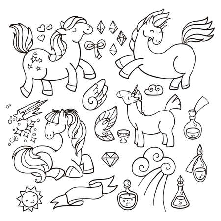 Magic set of unicorns, wings and potions. Pony collection.のイラスト素材