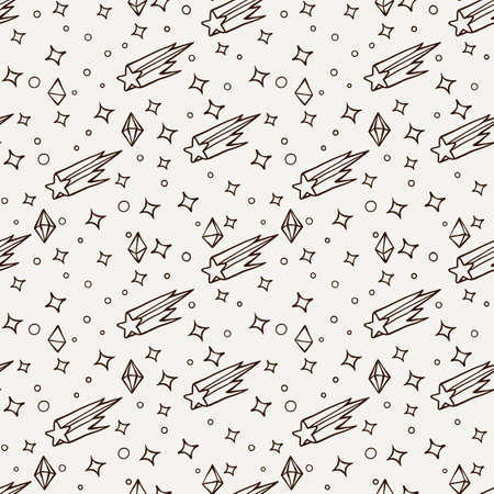 Hand drawn doodle cartoon seamless pattern with comets and crystals. Star ornament.のイラスト素材
