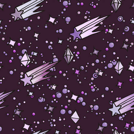 Hand drawn doodle cartoon seamless pattern with comets and crystals. Star ornament.のイラスト素材