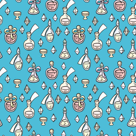 Seamless pattern with magic glass flasks. Science potions doodle style sketch. Alchemy and wonderful science.のイラスト素材