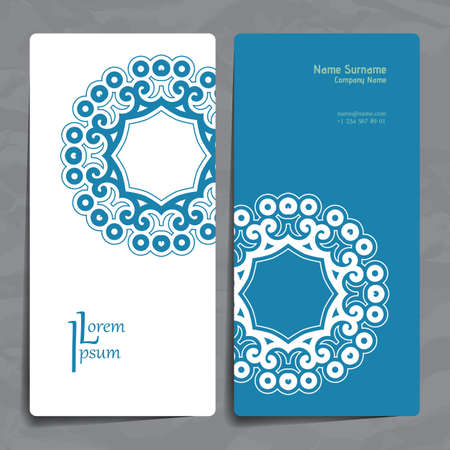 Set of vector design templates. Brochures in random colorful style. Vintage frames and backgrounds. Business card with floral circle ornament. Mandala style.のイラスト素材