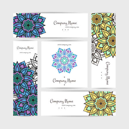 Set of vector design templates. Brochures in random colorful style. Vintage frames and backgrounds. Business card with floral circle ornament. Mandala style.のイラスト素材