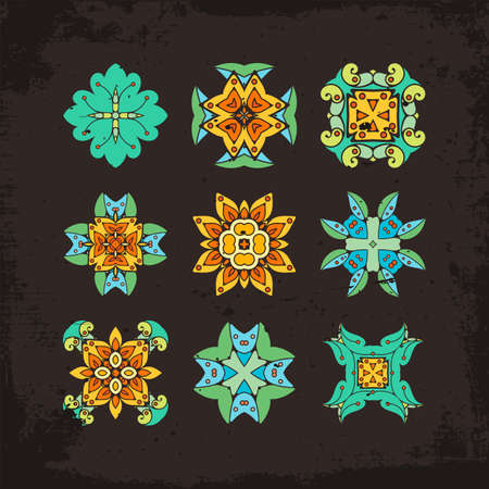 Set of ornate vector mandala symbols. Mehndi lace tattoo. Oriental weave. The circular pattern.のイラスト素材