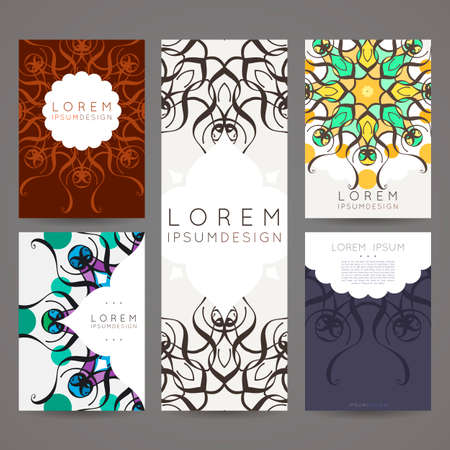 Set of vector design templates. Brochures in random colorful style. Vintage frames and backgrounds. Business card with floral circle ornament. Mandala style.のイラスト素材