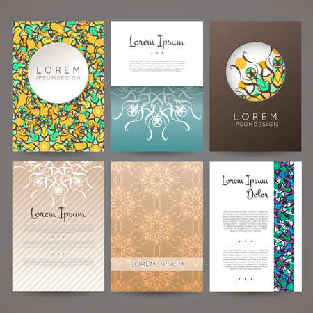 Set of vector design templates. Brochures in random colorful style. Vintage frames and backgrounds. Business card with floral circle ornament. Mandala style.のイラスト素材