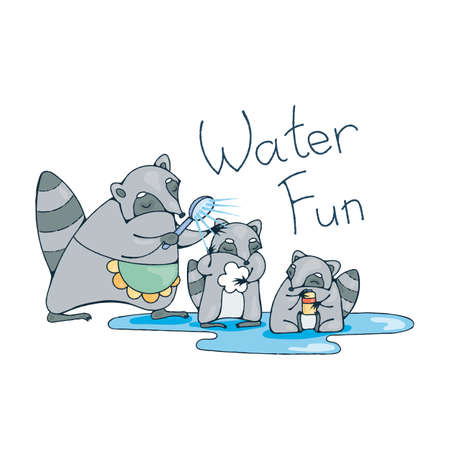 Family bathing racoons. Vector image.のイラスト素材