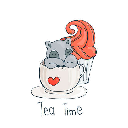 Illustration with cute raccoon in a cup of tea or coffee with cupcakes. Vector image.のイラスト素材