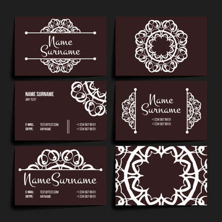 Set of vector design templates. Brochures in random colorful style. Vintage frames and backgrounds. Business card with monogram circle ornament. Mandala style in art nouveau.のイラスト素材