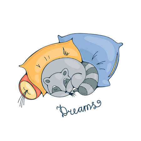 Illustration with a cheerful racoon sleeping on a pillows. Vector image.のイラスト素材