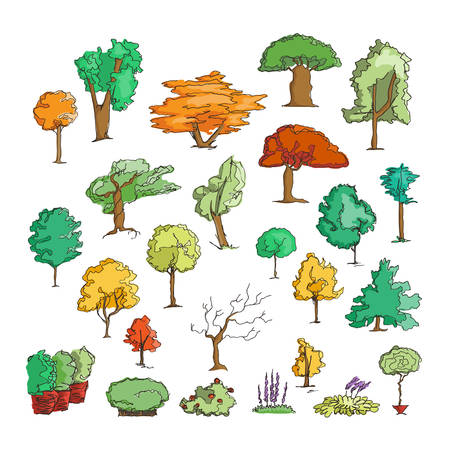 Set of hand drawn colorful trees. Ink style. Vector collection.のイラスト素材