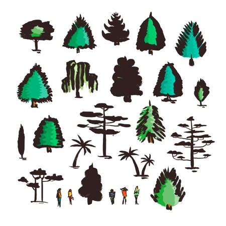 Set of hand drawn colorful trees. Ink style. Vector collection.のイラスト素材