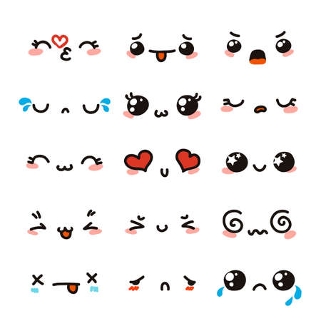 Set of cute lovely kawaii emoticon. Doodle cartoon face in childlike manga cartoon style.のイラスト素材