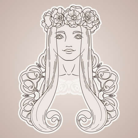 Vector art in Art Nouveau style with beauty girl in wreath. Coloring page.のイラスト素材