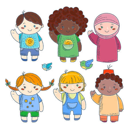 Set of cute doodle children. Kindergarten, camp, people collection. Vector illustrations.のイラスト素材