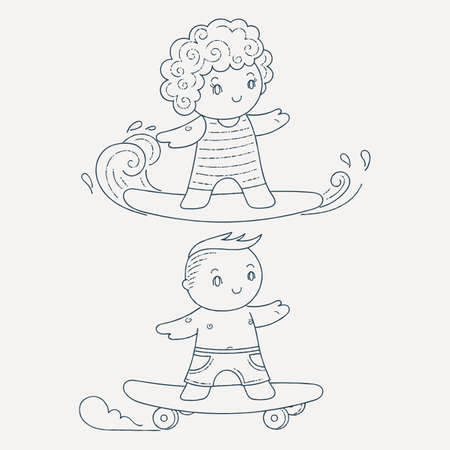 Illustration of a Kids on a Surfboard and Skateboard. Kawaii Children Set. Coloring page.のイラスト素材