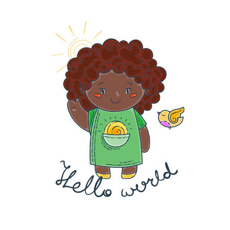 Cute and happy girl say hello. Vector illustration.のイラスト素材