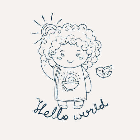Cute and happy girl say hello. Vector illustration.のイラスト素材