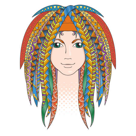 Colorful young girl with patterned dreadlocks. Ornate hairstyle. Vector illustration.のイラスト素材