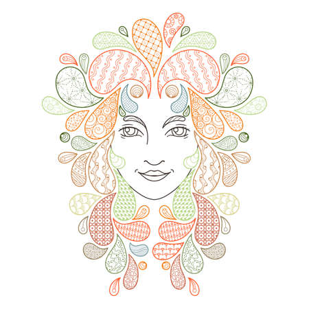 Print for the coloring book. Portrait of a beautiful girl with locks. Coloring page. Patterned hair. Vector illustration on white background.のイラスト素材