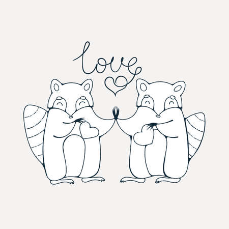 Racoons in love. Vector coloring page.のイラスト素材