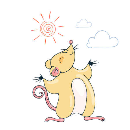 Illustration with a cheerful rat playing under the sun. Vector image.のイラスト素材