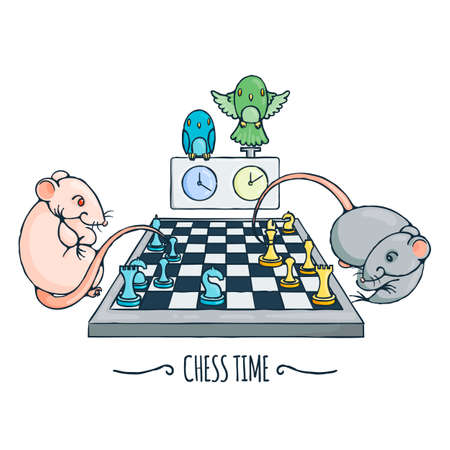 Two cute rats playing chess, parrots watch and switch the time. Vector illustration.のイラスト素材