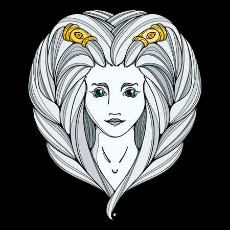 Girl black white and gold illustration. Long hair, tattoo image. Vector page.のイラスト素材