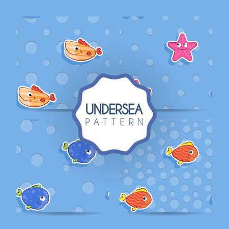 Set of vector seamless patterns with marine orange, red and blue smiley fish and starfish. Pattern for children.のイラスト素材