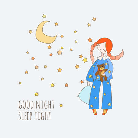 Cute girl in the sleepwear holding pillow and toy bear. Good night card. Vector illustration in tilda style.のイラスト素材