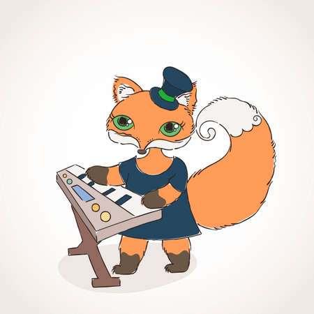 Gothic foxy musician with synthesizer. Music doodle animal. Vector illustration.のイラスト素材