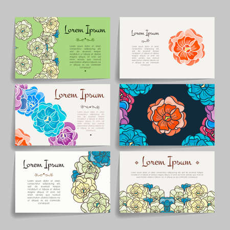 Set of vector design templates. Brochures in random flower style. Vintage frames and backgrounds. Business card with floral circle ornament.のイラスト素材