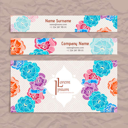 Set of vector design templates. Brochures in random flower style. Vintage frames and backgrounds. Business card with floral circle ornament.のイラスト素材