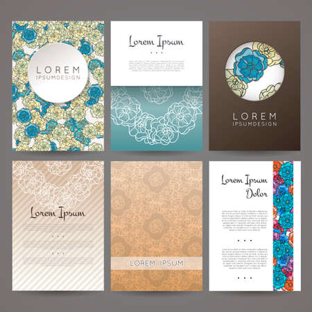 Set of vector design templates. Brochures in random flower style. Vintage frames and backgrounds. Business card with floral circle ornament.のイラスト素材