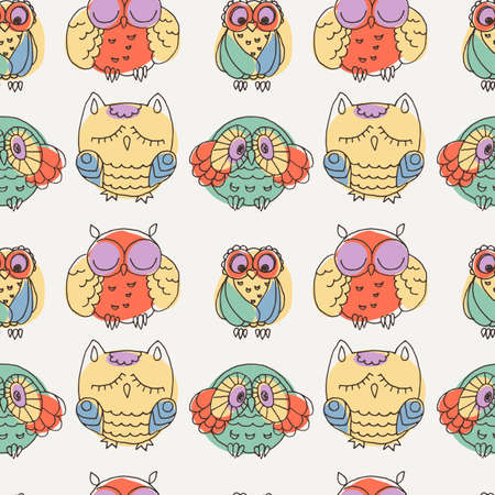 Seamless Pattern with Furry Doodle Owls. Endless Ornament.のイラスト素材