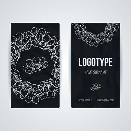 Set of vector design templates. Brochures in random flower style. Vintage frames and backgrounds. Business card with floral circle ornament.のイラスト素材