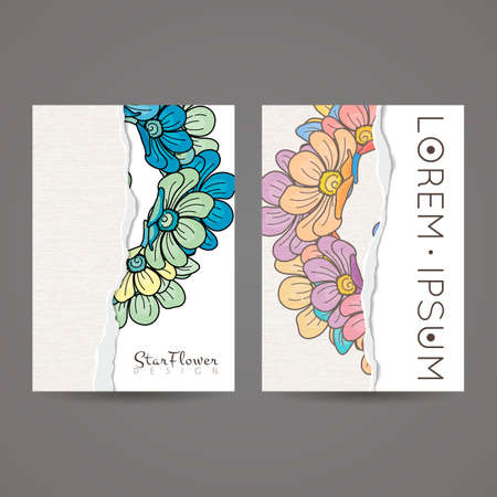 Set of vector design templates. Brochures in random flower style. Vintage frames and backgrounds. Business card with floral circle ornament.のイラスト素材