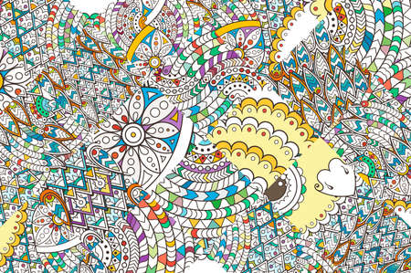 Patched doodle background pattern. Design ornate, tribal pattern. Simple colored background for...