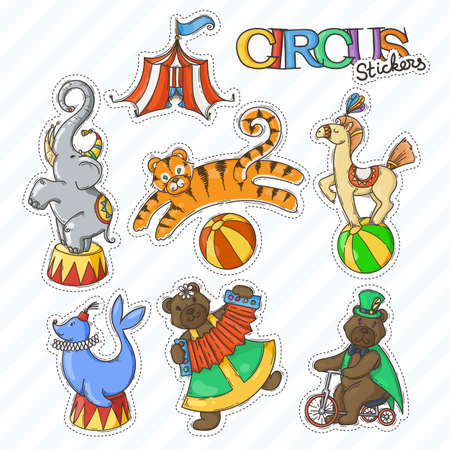 Circus cartoon icons collection with chapiteau tent and trained wild animals. Vector doodle stickers setのイラスト素材
