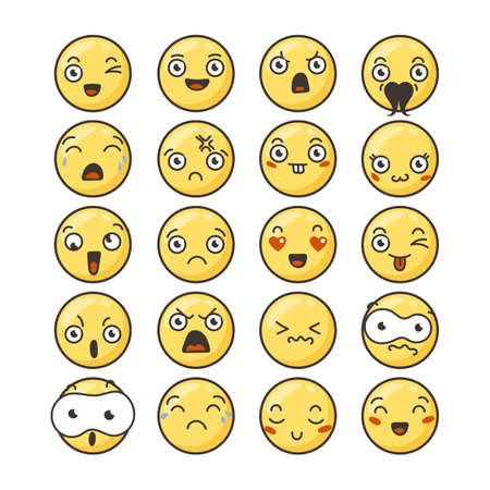 Set of cute lovely kawaii emoticon. Doodle cartoon face in childlike manga cartoon style. Flat vector icons.のイラスト素材