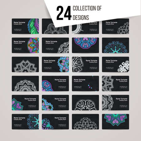 Set of vector design templates. Brochures in random colorful style. Vintage frames and backgrounds. Business card with floral circle ornament. Mandala style.のイラスト素材