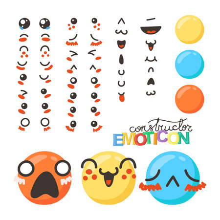 Constructor of cute lovely kawaii emoticon. Doodle cartoon face in childlike manga cartoon style.のイラスト素材