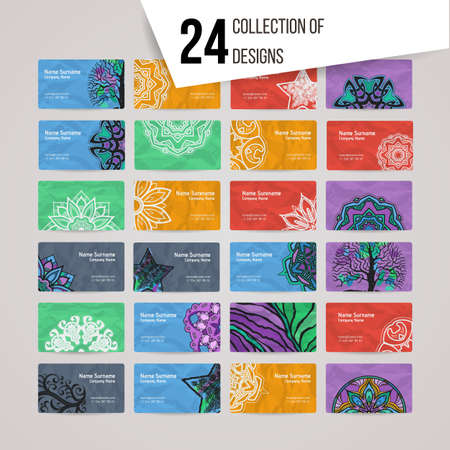 Set of vector design templates. Brochures in random colorful style. Vintage frames and backgrounds. Business card with floral circle ornament. Mandala style.のイラスト素材