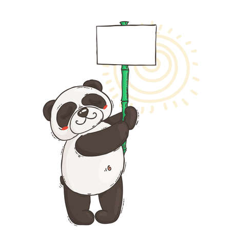 Cute panda with a poster on a bamboo stick. Wildlife, ecology, peace and friendship. Vector illustration.のイラスト素材